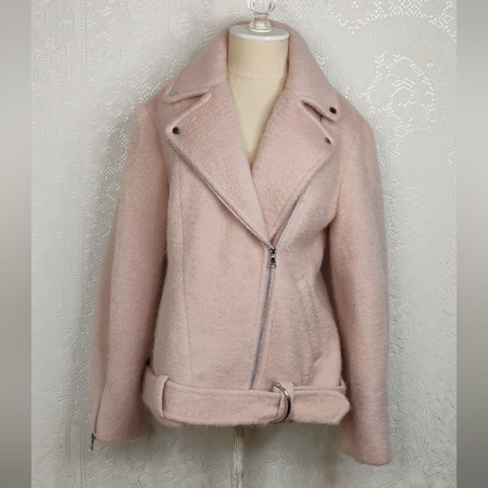 Express Pink Wool Blend Belted Moto Jacket Coat Medium - Picture 15 of 16